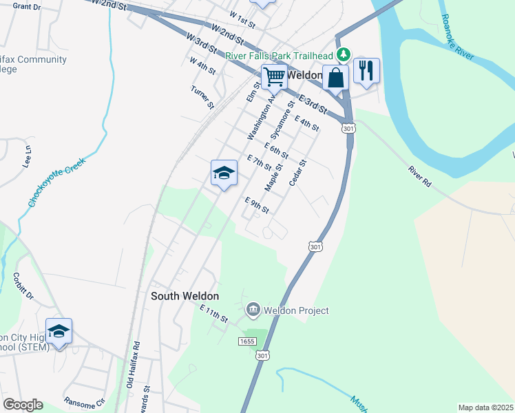 map of restaurants, bars, coffee shops, grocery stores, and more near East 9th Street in Weldon