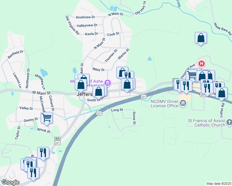 map of restaurants, bars, coffee shops, grocery stores, and more near 320 East Main Street in Jefferson