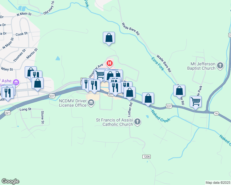 map of restaurants, bars, coffee shops, grocery stores, and more near 799 East Main Street in Jefferson