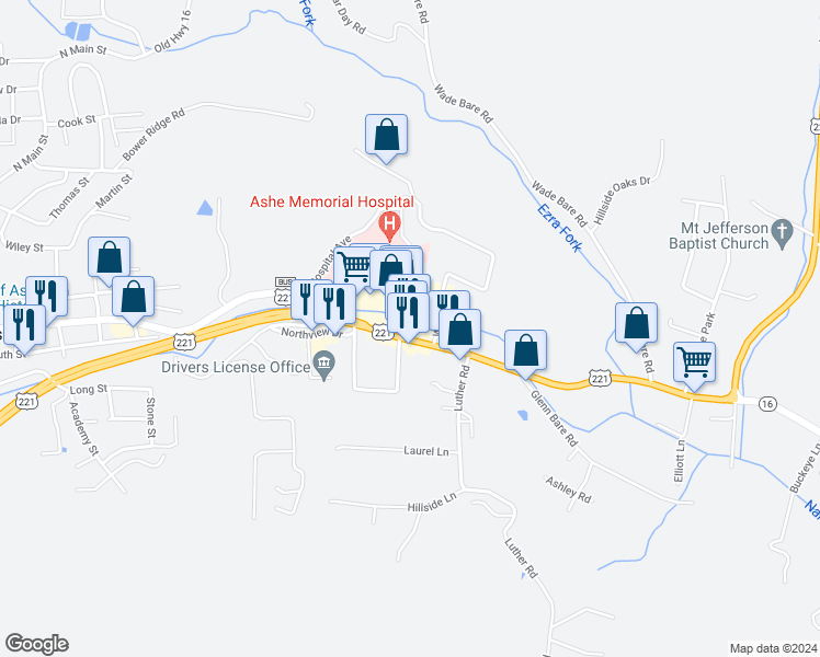 map of restaurants, bars, coffee shops, grocery stores, and more near 799 East Main Street in Jefferson