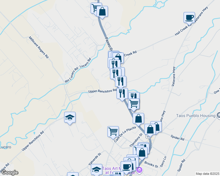 map of restaurants, bars, coffee shops, grocery stores, and more near 130 Upper Ranchitos Rd in Taos