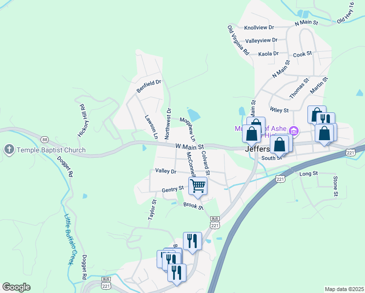 map of restaurants, bars, coffee shops, grocery stores, and more near 106 Faw Rowland Street in Jefferson