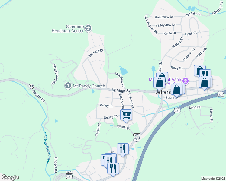 map of restaurants, bars, coffee shops, grocery stores, and more near 214 Faw Rowland Street in Jefferson