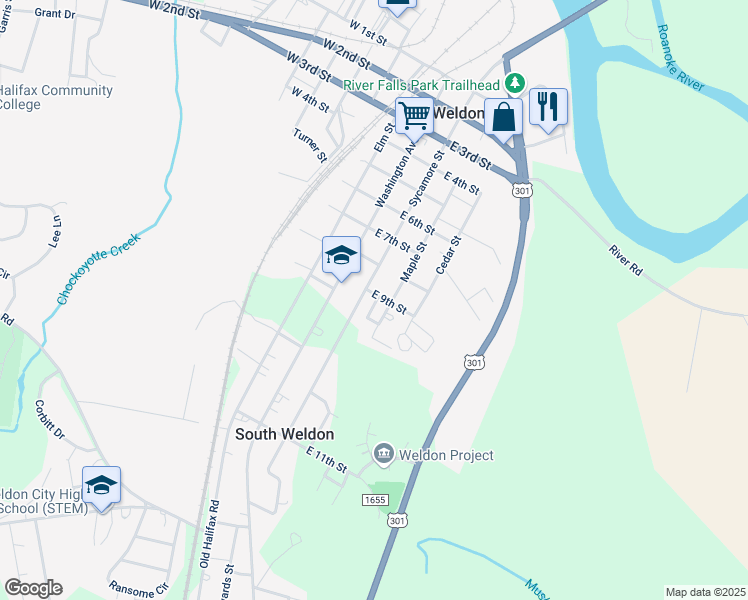 map of restaurants, bars, coffee shops, grocery stores, and more near East 9th Street in Weldon