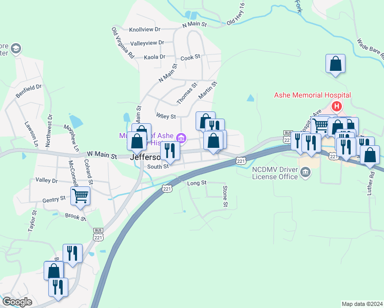map of restaurants, bars, coffee shops, grocery stores, and more near 314 East Main Street in Jefferson