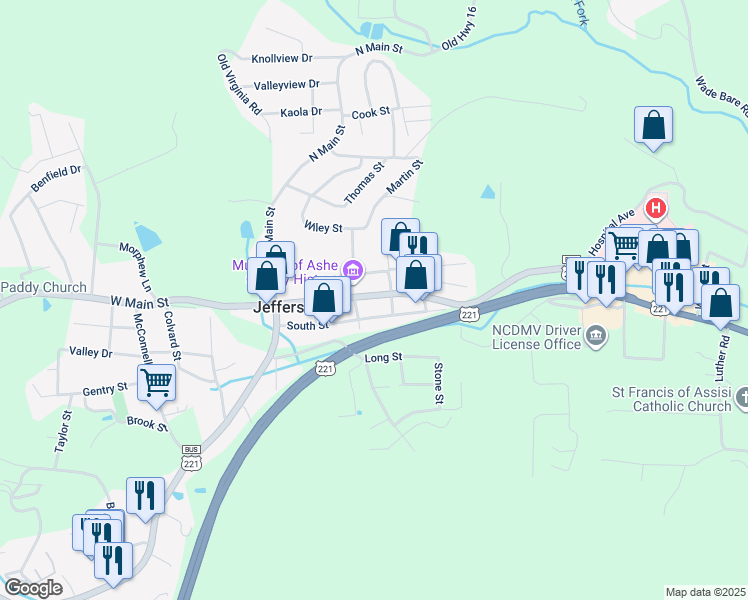 map of restaurants, bars, coffee shops, grocery stores, and more near 314 East Main Street in Jefferson