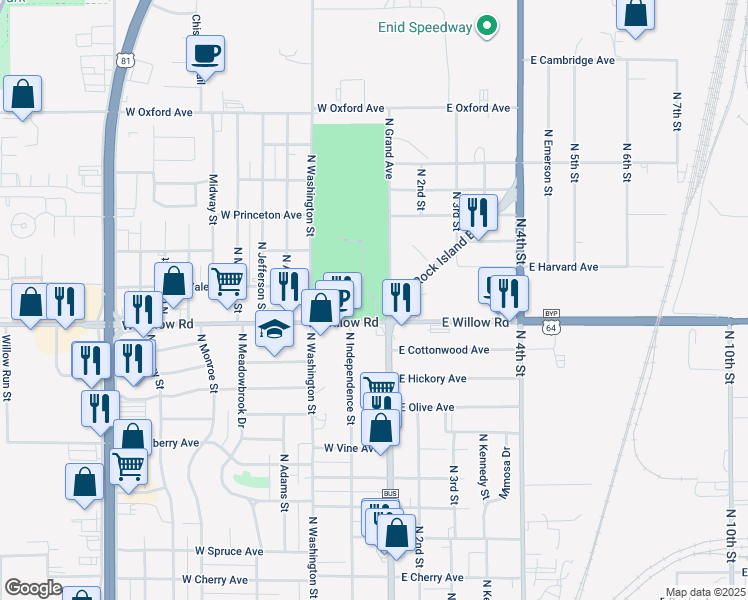 map of restaurants, bars, coffee shops, grocery stores, and more near 200 West Willow Road in Enid