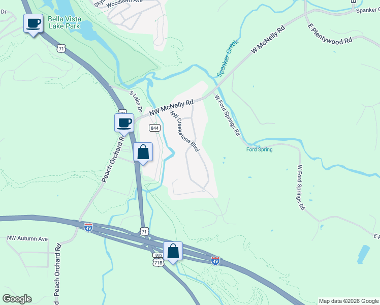 map of restaurants, bars, coffee shops, grocery stores, and more near 3700 Northwest Riverbend Road in Bentonville