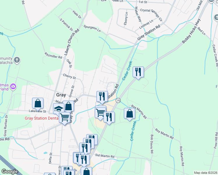 map of restaurants, bars, coffee shops, grocery stores, and more near 2000 Kensington Place in Gray