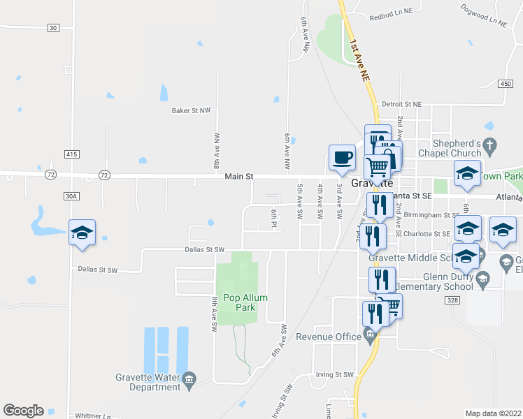 map of restaurants, bars, coffee shops, grocery stores, and more near 213 Perry Circle in Gravette