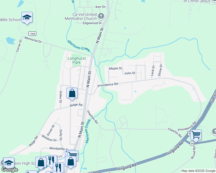 map of restaurants, bars, coffee shops, grocery stores, and more near 216 Providence Road in Roxboro