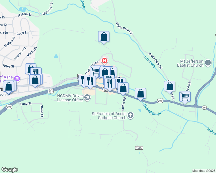 map of restaurants, bars, coffee shops, grocery stores, and more near U.S. Highway 221 North in Jefferson