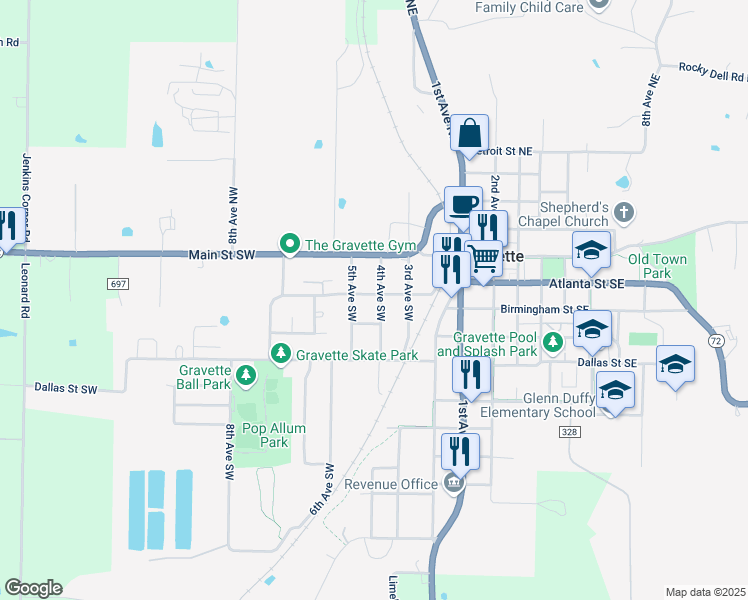 map of restaurants, bars, coffee shops, grocery stores, and more near 108 4th Avenue Southwest in Gravette