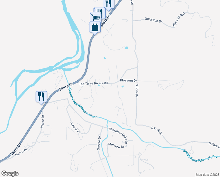 map of restaurants, bars, coffee shops, grocery stores, and more near 40708 Old Three Rivers Road in Three Rivers