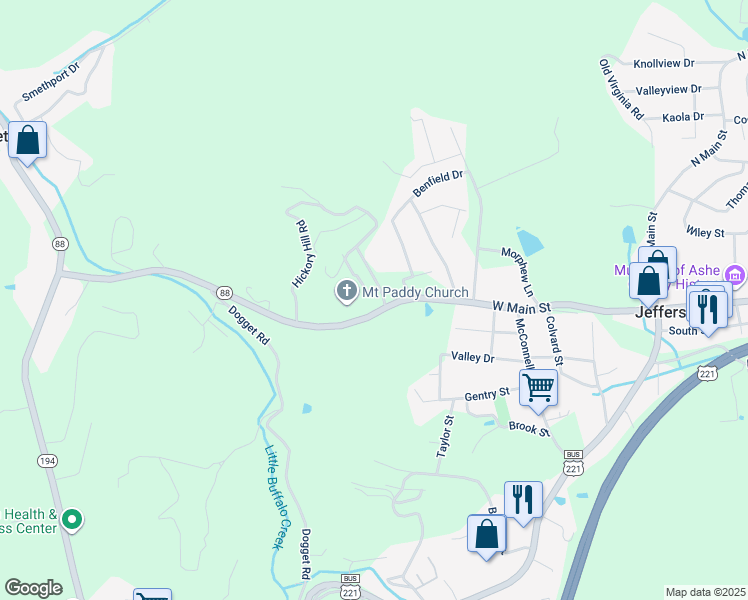 map of restaurants, bars, coffee shops, grocery stores, and more near 778 North Carolina 88 in Jefferson