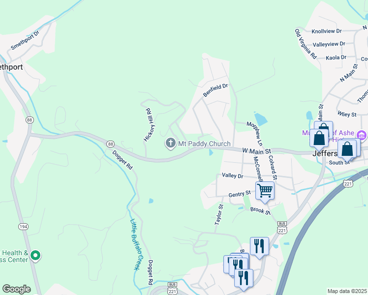 map of restaurants, bars, coffee shops, grocery stores, and more near 778 North Carolina 88 in Jefferson