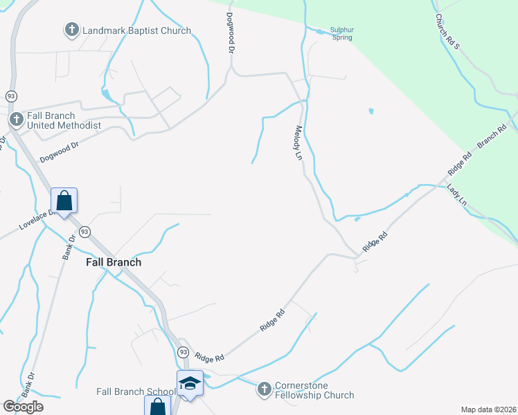 map of restaurants, bars, coffee shops, grocery stores, and more near 197 Melody Lane in Fall Branch