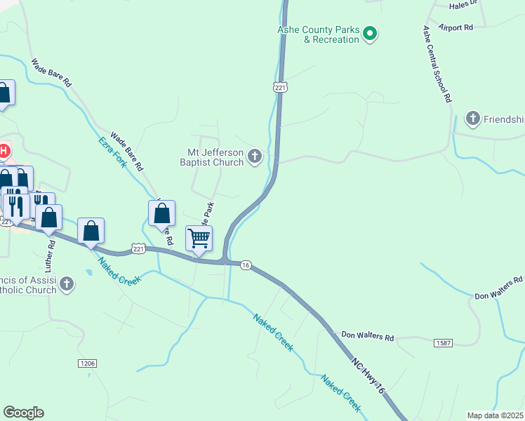 map of restaurants, bars, coffee shops, grocery stores, and more near 1786 U.S. Highway 221 North in Jefferson