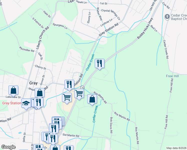 map of restaurants, bars, coffee shops, grocery stores, and more near 5472 Bobby Hicks Highway in Johnson City