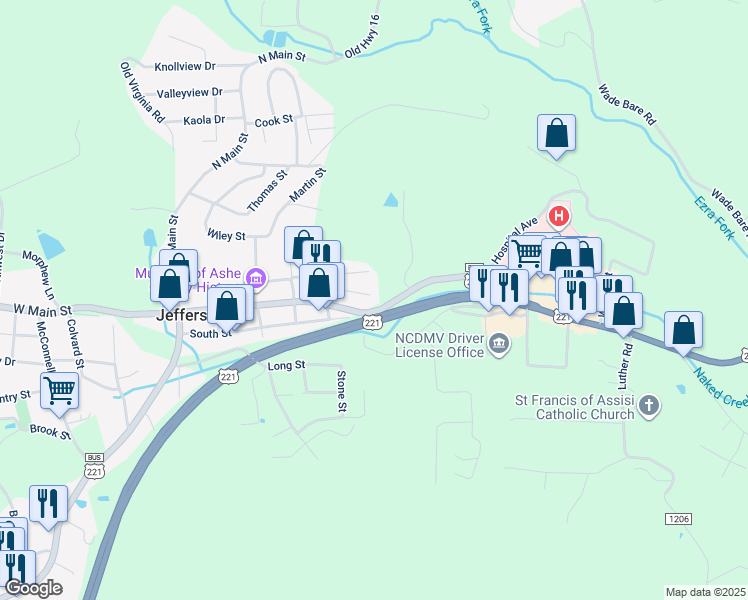 map of restaurants, bars, coffee shops, grocery stores, and more near 545 E Main St in Jefferson