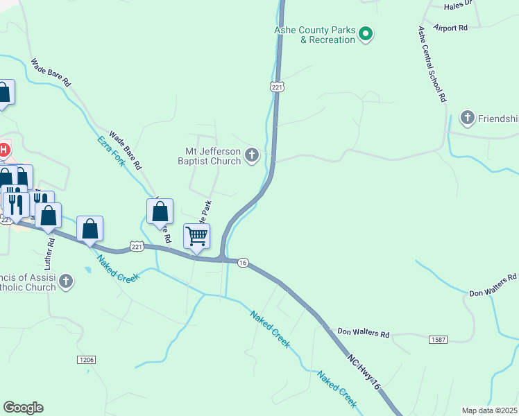 map of restaurants, bars, coffee shops, grocery stores, and more near 1786 U.S. Highway 221 North in Jefferson