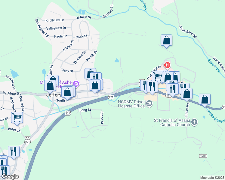 map of restaurants, bars, coffee shops, grocery stores, and more near 545 E Main St in Jefferson