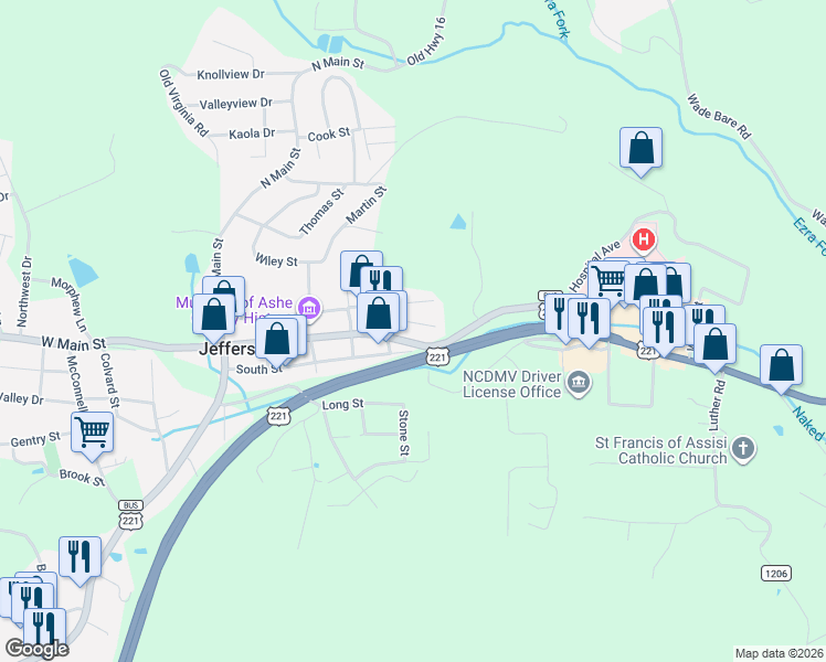 map of restaurants, bars, coffee shops, grocery stores, and more near 115-117 Logan Street in Jefferson