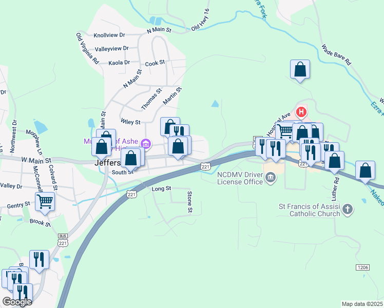 map of restaurants, bars, coffee shops, grocery stores, and more near 513 East Main Street in Jefferson