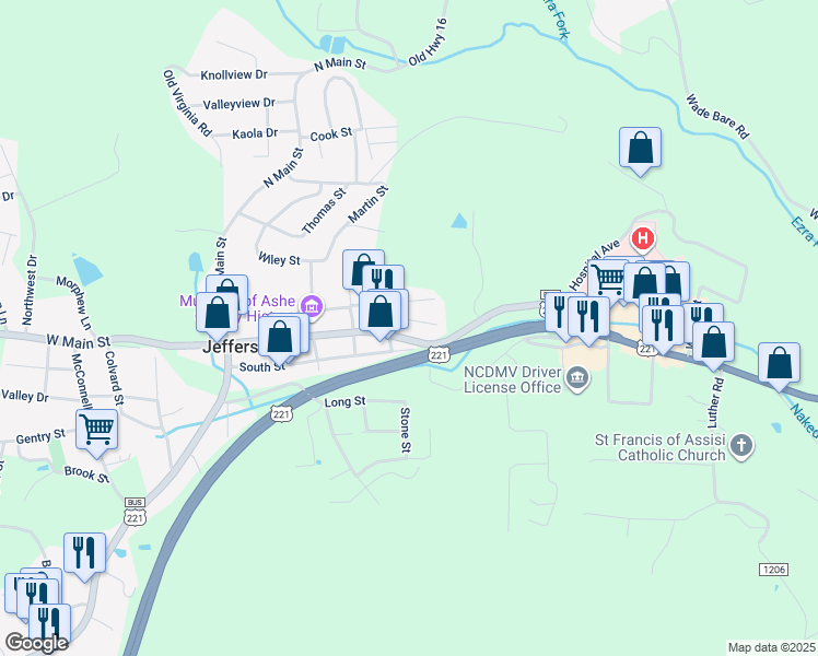 map of restaurants, bars, coffee shops, grocery stores, and more near 513 East Main Street in Jefferson