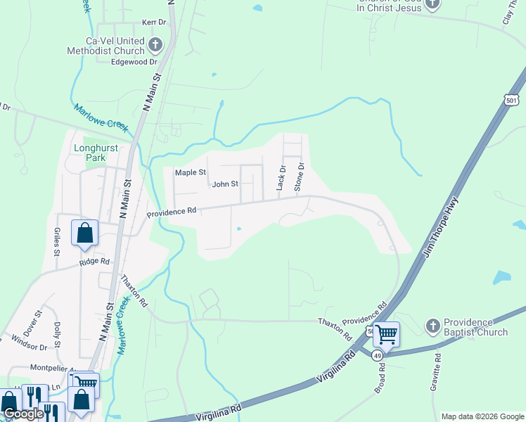 map of restaurants, bars, coffee shops, grocery stores, and more near 540 Providence Road in Roxboro