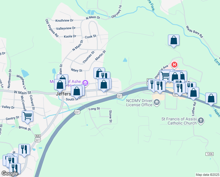 map of restaurants, bars, coffee shops, grocery stores, and more near 507 East Main Street in Jefferson