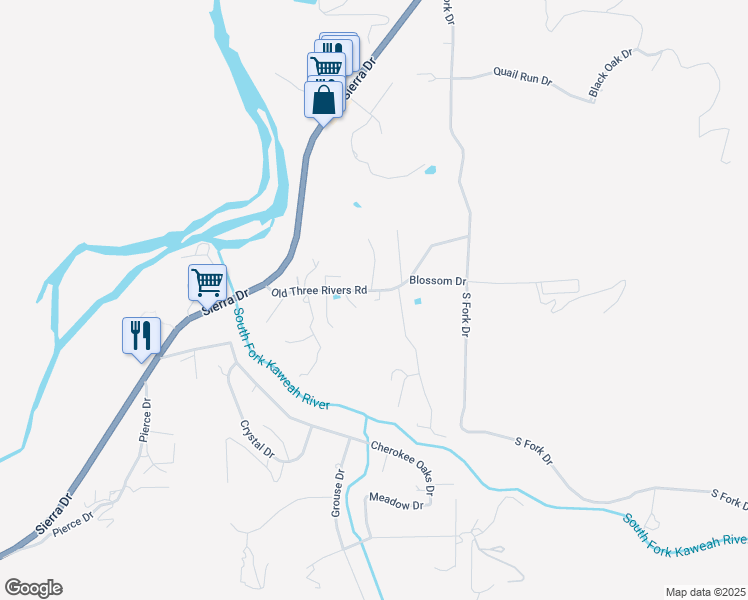 map of restaurants, bars, coffee shops, grocery stores, and more near 40708 Old Three Rivers Road in Three Rivers