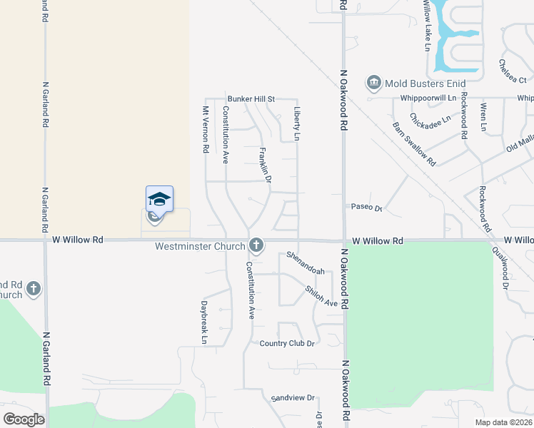 map of restaurants, bars, coffee shops, grocery stores, and more near 2423 Franklin Drive in Enid