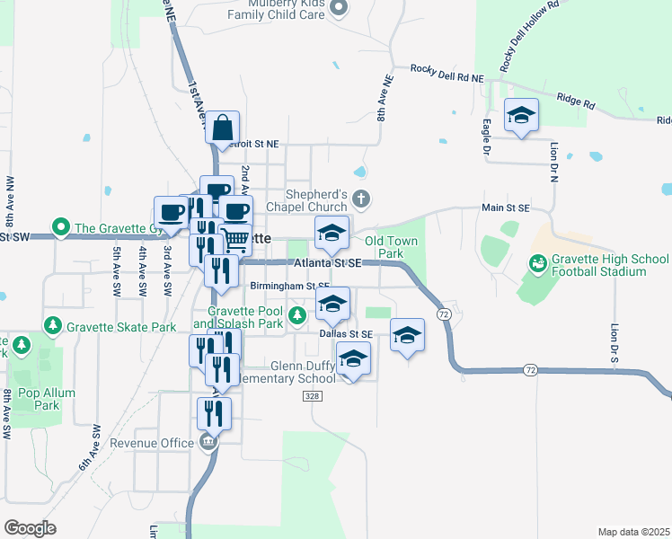 map of restaurants, bars, coffee shops, grocery stores, and more near 210 6th Avenue Southeast in Gravette