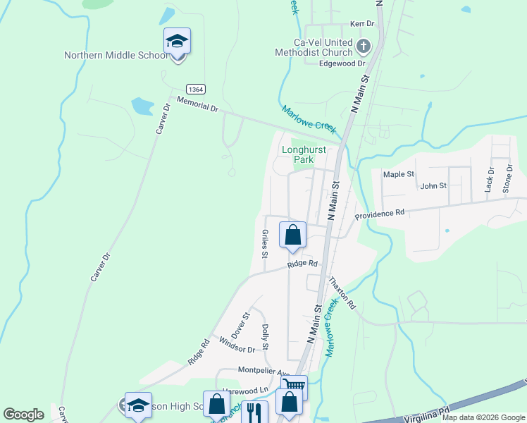 map of restaurants, bars, coffee shops, grocery stores, and more near 1403 Elm Street in Roxboro