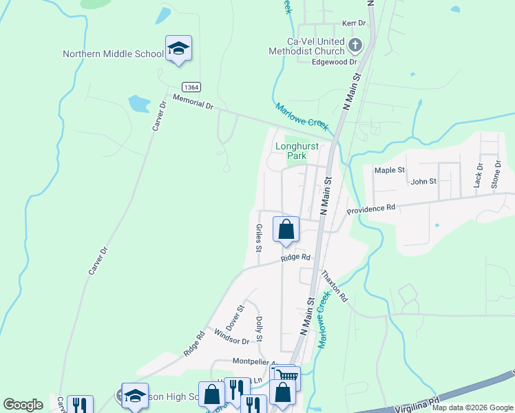 map of restaurants, bars, coffee shops, grocery stores, and more near 1403 Elm Street in Roxboro