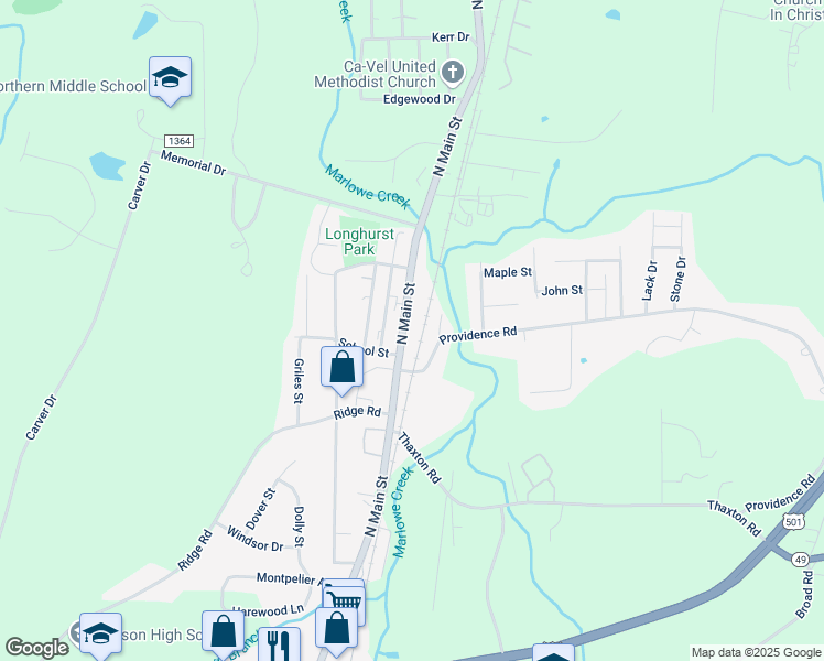 map of restaurants, bars, coffee shops, grocery stores, and more near 1421 North Main Street in Roxboro