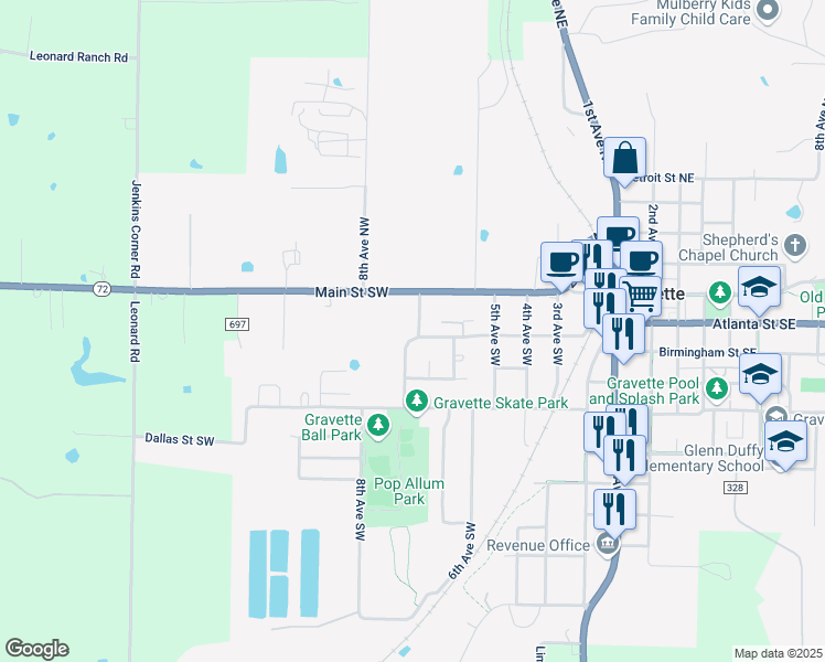 map of restaurants, bars, coffee shops, grocery stores, and more near 101-163 Westfield Street in Gravette