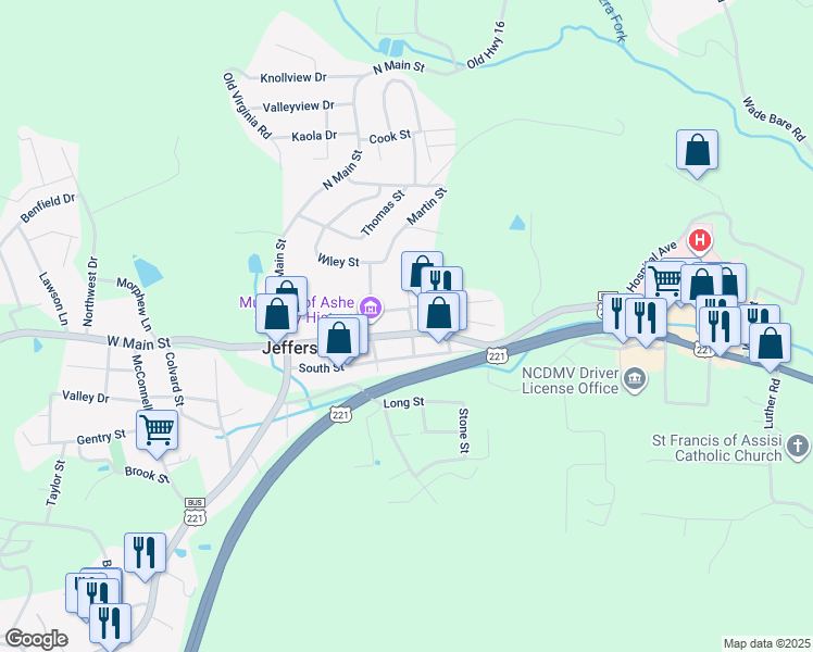 map of restaurants, bars, coffee shops, grocery stores, and more near 327 East Main Street in Jefferson