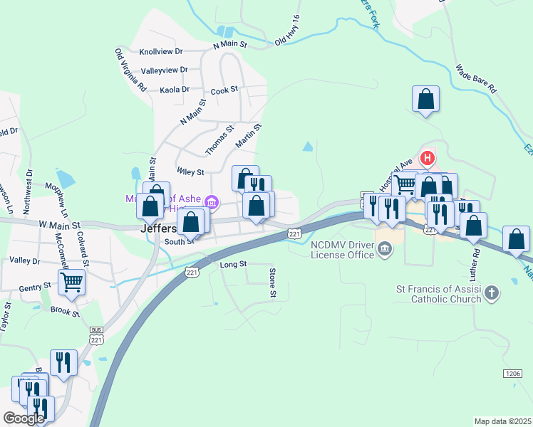 map of restaurants, bars, coffee shops, grocery stores, and more near 501 East Main Street in Jefferson