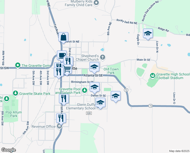 map of restaurants, bars, coffee shops, grocery stores, and more near 210 6th Avenue Southeast in Gravette