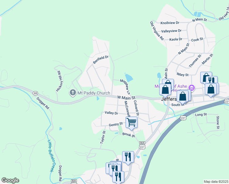 map of restaurants, bars, coffee shops, grocery stores, and more near 514 West Main Street in Jefferson