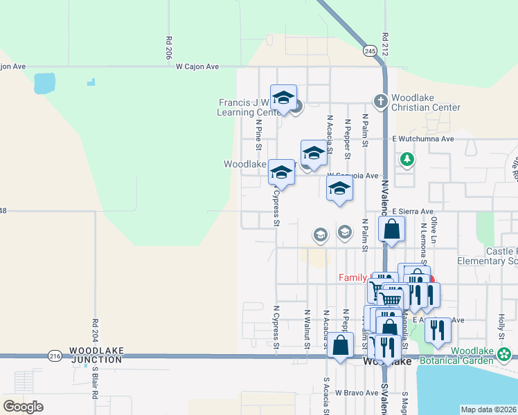 map of restaurants, bars, coffee shops, grocery stores, and more near 700 West Sierra Avenue in Woodlake