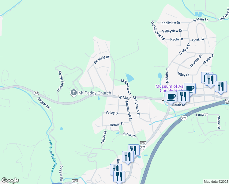 map of restaurants, bars, coffee shops, grocery stores, and more near 514 West Main Street in Jefferson