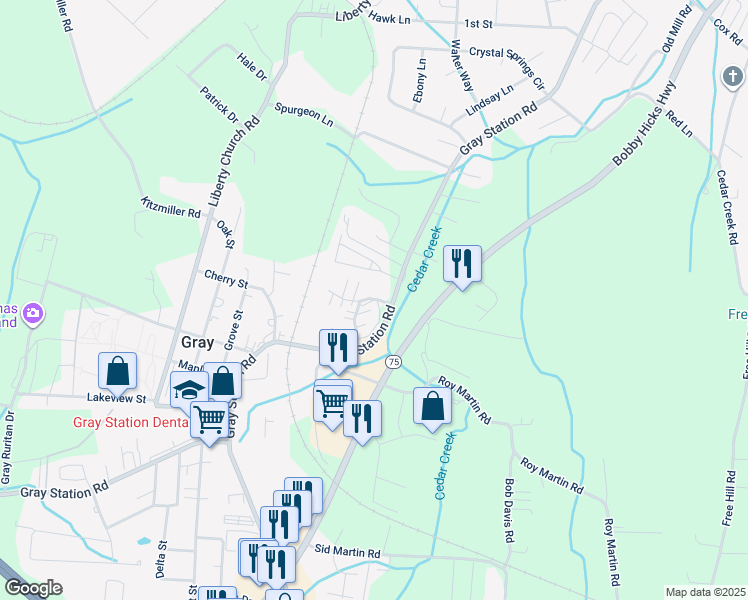map of restaurants, bars, coffee shops, grocery stores, and more near 1301 Kensington Place in Gray