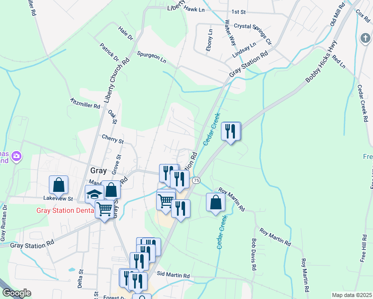 map of restaurants, bars, coffee shops, grocery stores, and more near 1301 Kensington Place in Johnson City