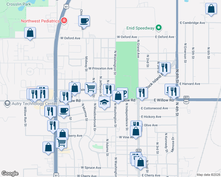 map of restaurants, bars, coffee shops, grocery stores, and more near 2509 North Adams Street in Enid