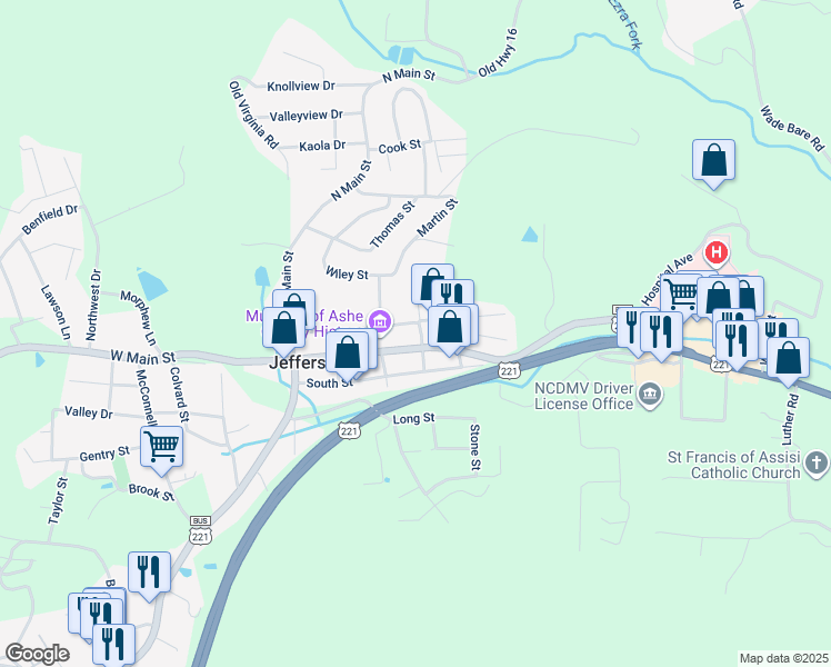 map of restaurants, bars, coffee shops, grocery stores, and more near 327 East Main Street in Jefferson