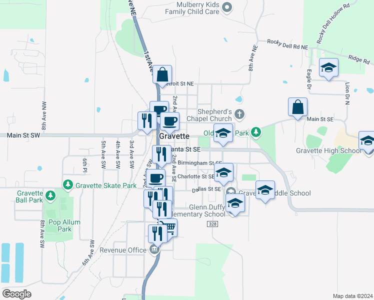 map of restaurants, bars, coffee shops, grocery stores, and more near 303 Atlanta Street Southeast in Gravette
