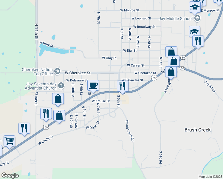 map of restaurants, bars, coffee shops, grocery stores, and more near 583 South Main Street in Jay